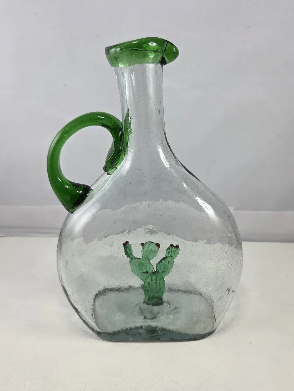 Vintage Mexican Hand-Blown Glass Decanter, Green Cactus Inside Tequila Pitcher